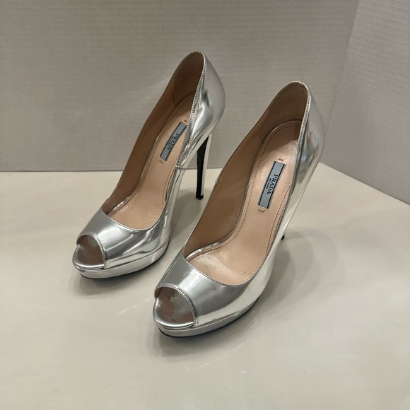 Prada Metallic Silver Platform Heels - Picture 1 of 16